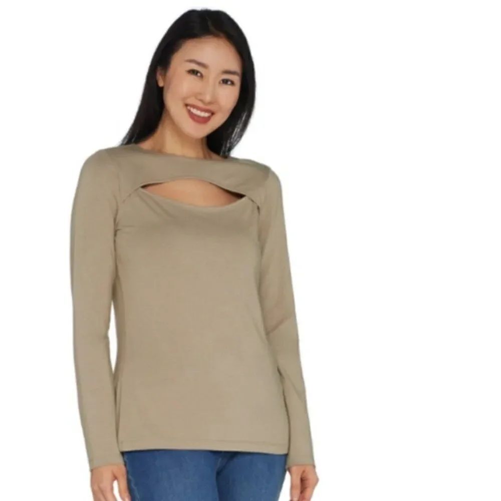New G.I.L.I. Long Sleeve Open Keyhole Top in Olive | Size 1X